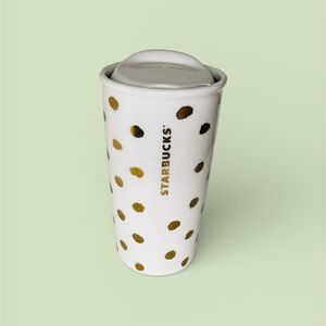 Starbucks 2014 Gold Polka Dot Collection ceramic travel tumbler mug